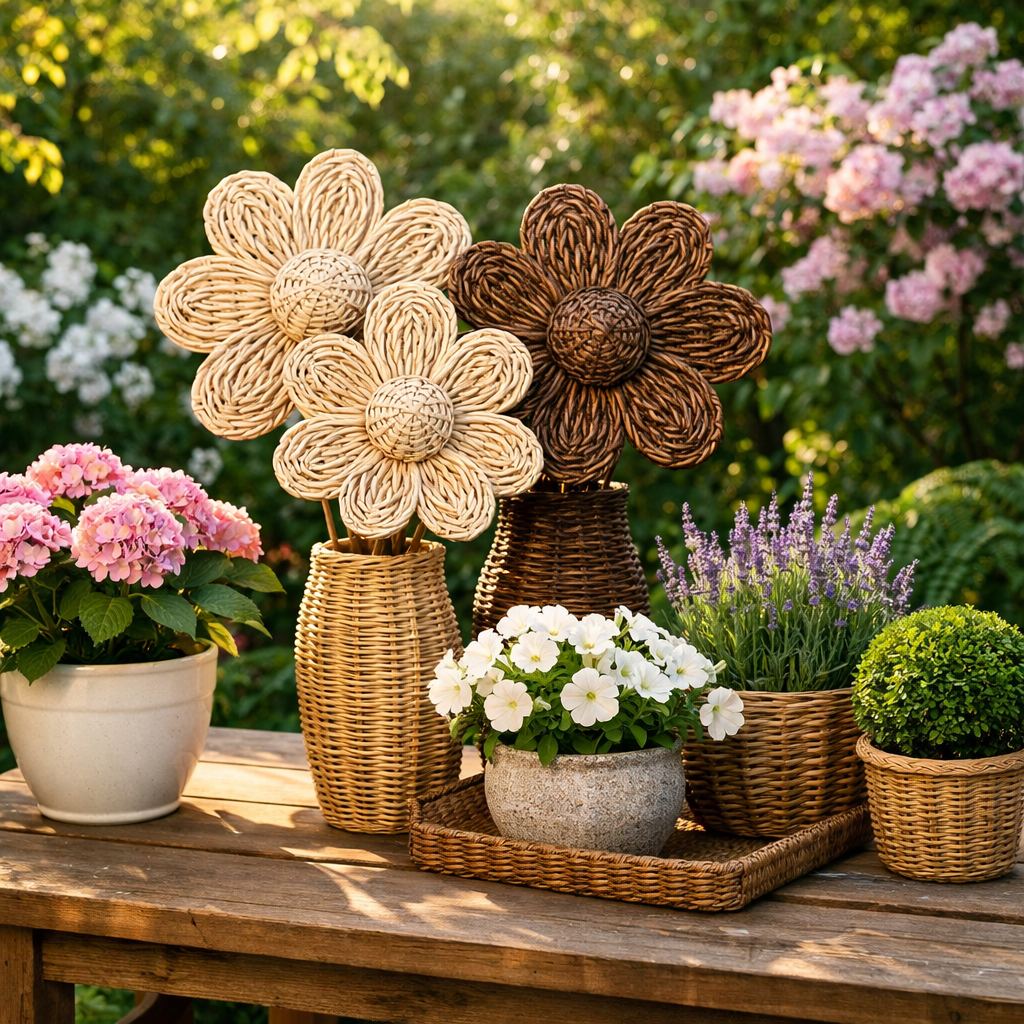 Декоративные цветы из ротанга двух цветов для оформления интерьера