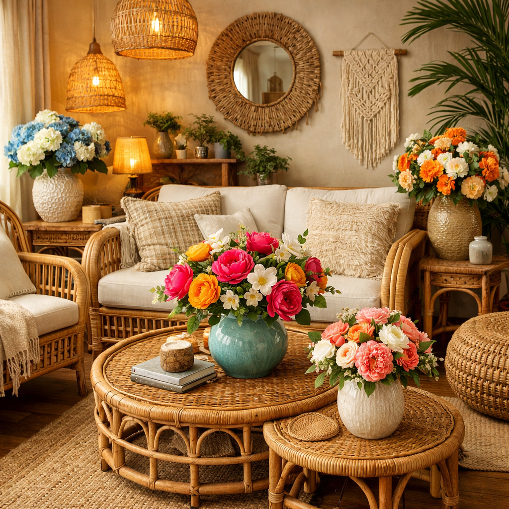 Как создать стильный интерьер: сочетание ротанга и искусственных цветов для оригинального декора