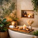 Интерьер ванной комнаты с использованием влагостойкой плитки, камня и обработанного дерева