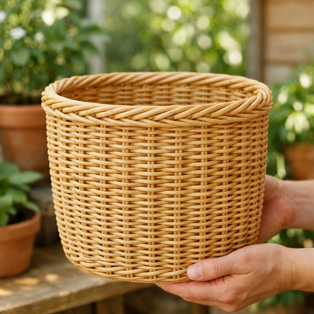 Процесс плетения кашпо из светлого ротанга без пятен и загрязнений