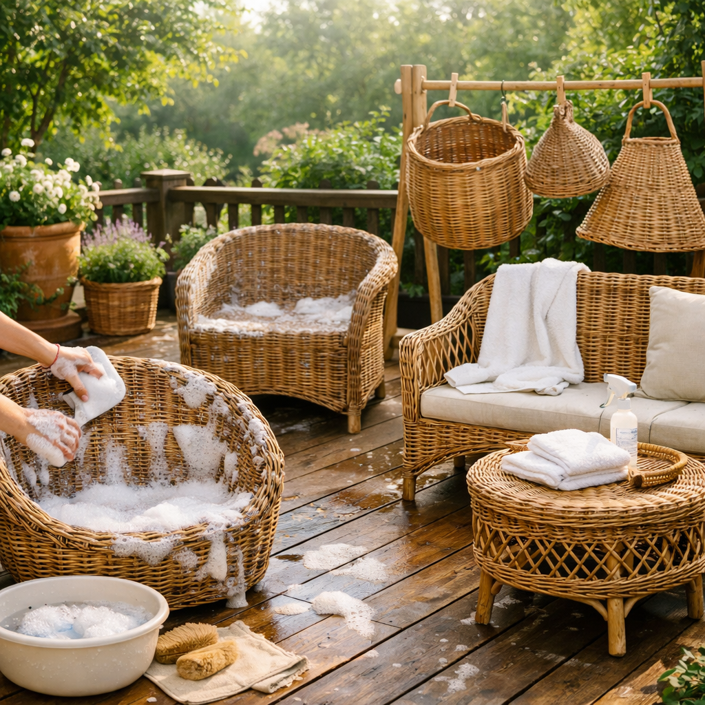 Процесс чистки и сушки мебели и кашпо из ротанга