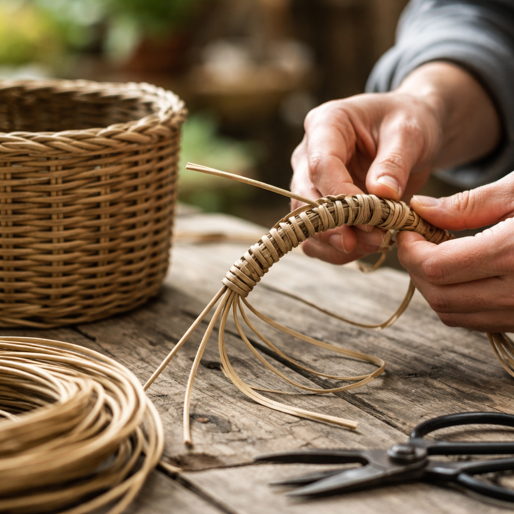 Процесс плетения ручек для кашпо из искусственного ротанга своими руками