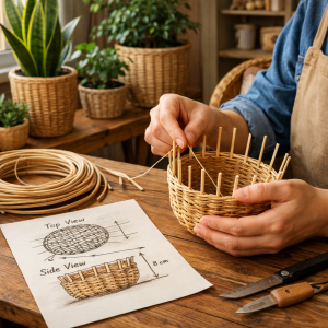 Плетеное кашпо из ротанга для цветов в современном домашнем интерьере