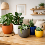 Стильные кашпо разных цветов в интерьере гостиной, пример сочетания оттенков