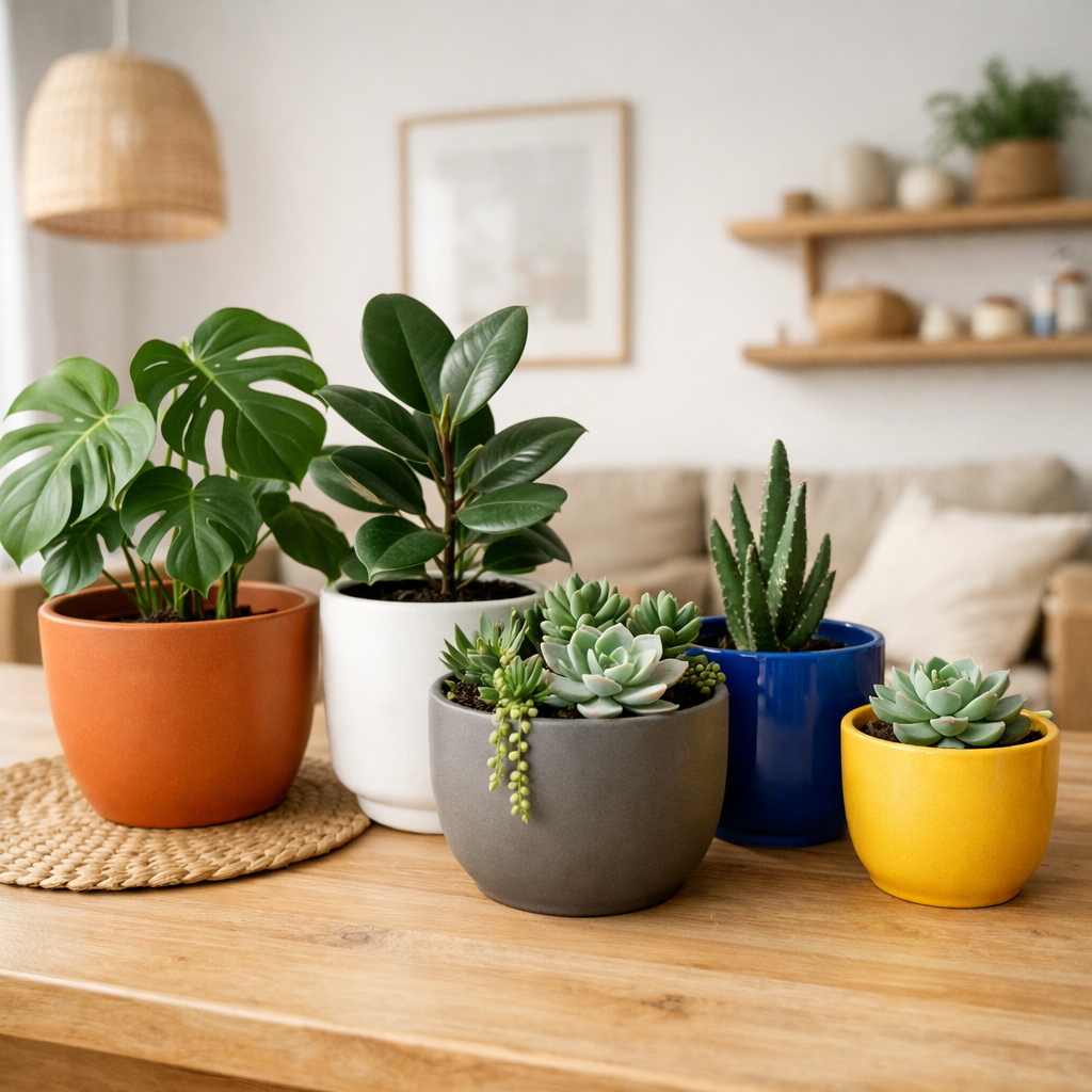 Стильные кашпо разных цветов в интерьере гостиной, пример сочетания оттенков