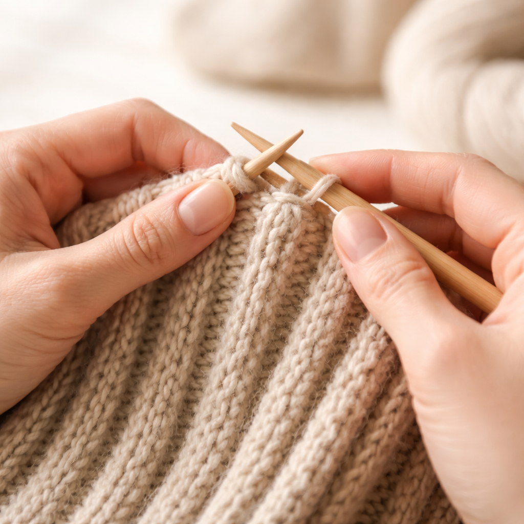 Процесс закрытия петель полной резинкой на спицах для аккуратного края