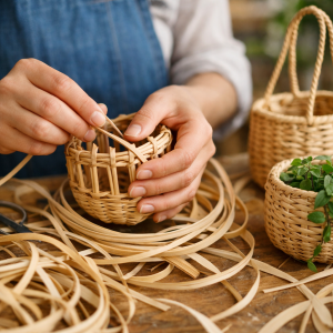 Процесс плетения кашпо из искусственного ротанга и примеры простых изделий для новичков