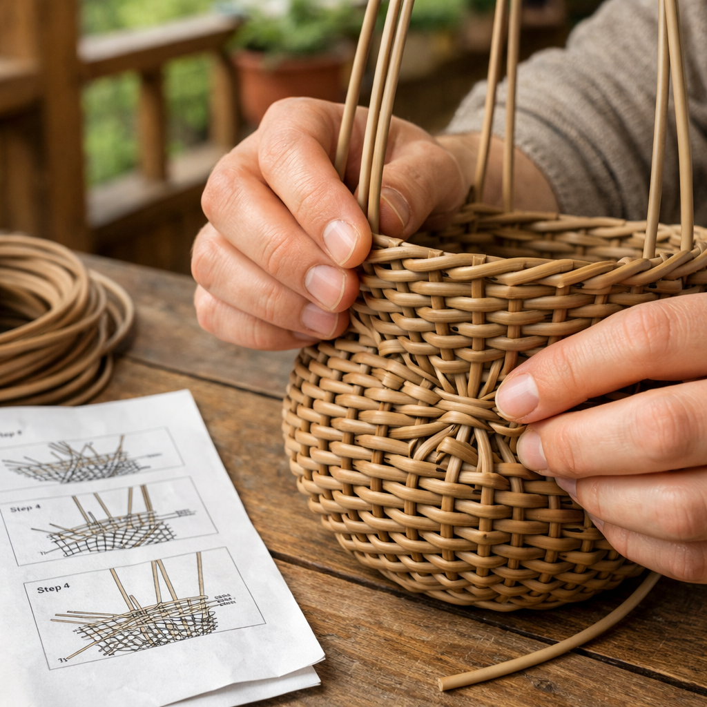 Плетение кашпо из ротанга для начинающих: пример ровной стойки без сужения в центре