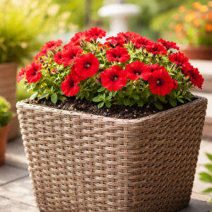 Плетеное кашпо из ротанга с грунтом и цветущими растениями