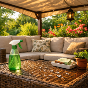 Плетеная мебель из ротанга на террасе и способы защиты от влаги