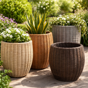 Сравнение оттенков искусственного ротанга для кашпо на фоне интерьера