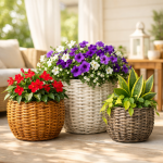 Разноцветные кашпо из искусственного и натурального ротанга с зелеными растениями