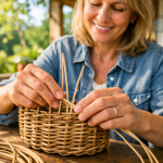 Материалы для плетения из ротанга и руки мастера за работой