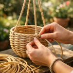 Мотки эластичного искусственного ротанга и процесс плетения кашпо без усталости рук