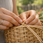 Процесс плетения кашпо из ротанга с контролем ровных стоек и формы