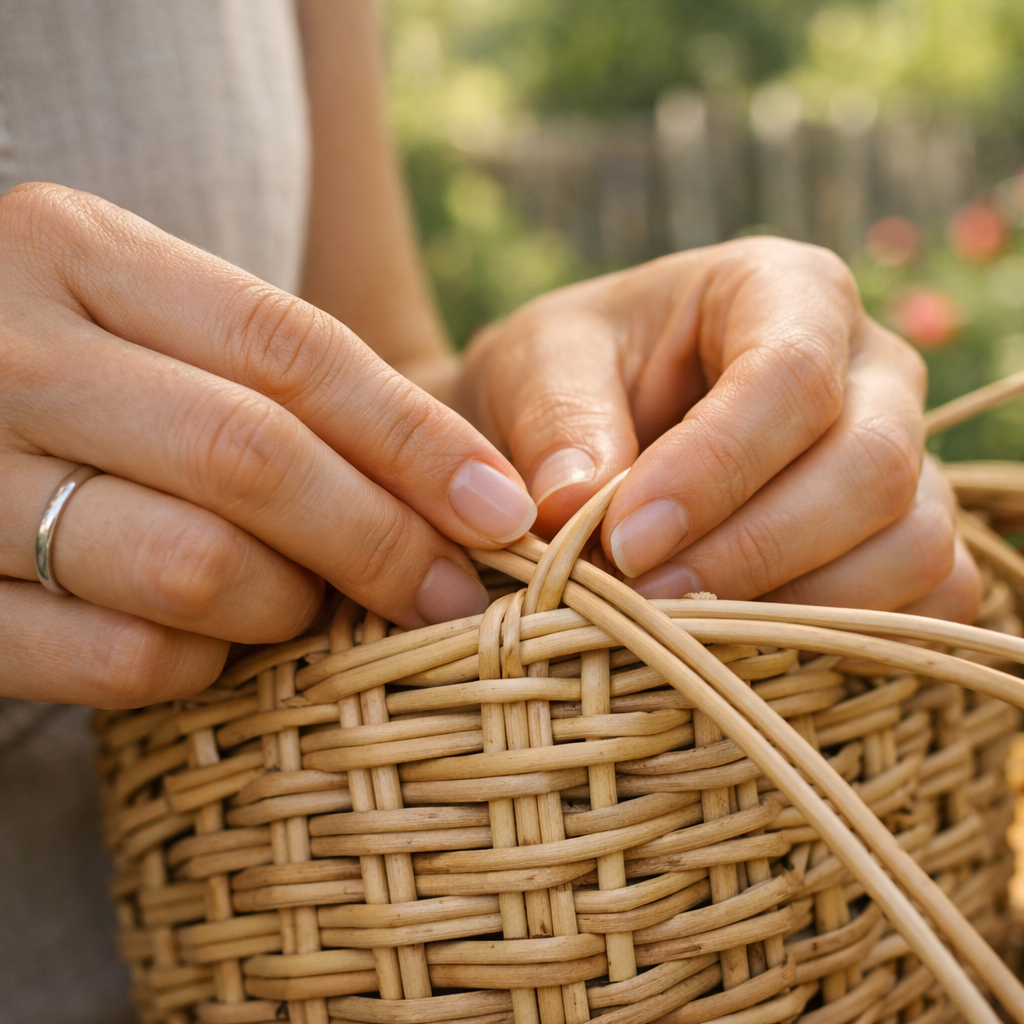Процесс плетения кашпо из ротанга с контролем ровных стоек и формы