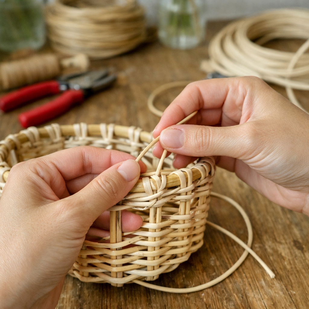 Руки мастера показывают правильное натяжение ротанга при плетении изделия для начинающих