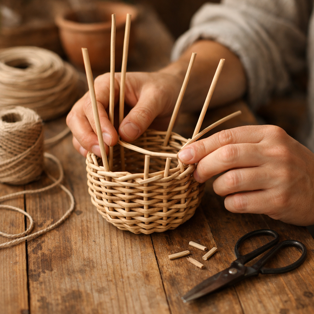 Процесс плетения кашпо из искусственного ротанга простой формы для новичков