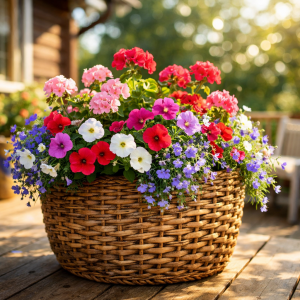 Красивые цветы в плетеном кашпо: пример оформления интерьера