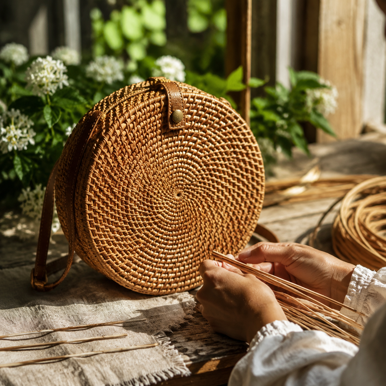 Процесс пошагового плетения сумки из ротанга для начинающих
