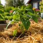 Садовая мульча вокруг зеленых растений для сохранения влаги и улучшения почвы